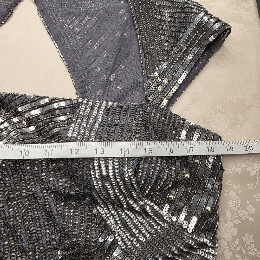 Adrianna Papell Art Deco Sequin Gown Silver Grey Prom Formal Size 16 - Picture 9 of 14